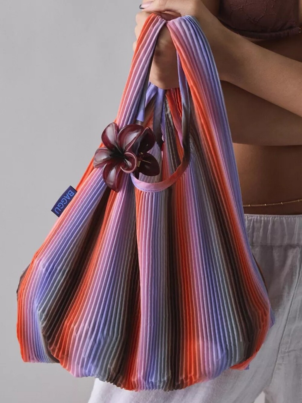Collector BAGGU Rare Pleated Stripe Shoulder Bag - Purple, Orange & Gray Nwt